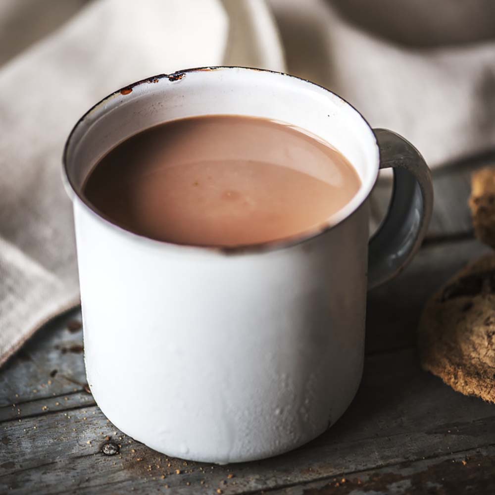 Cup of hot chocolate in a vintage cup, served with chocolate chip cookies.